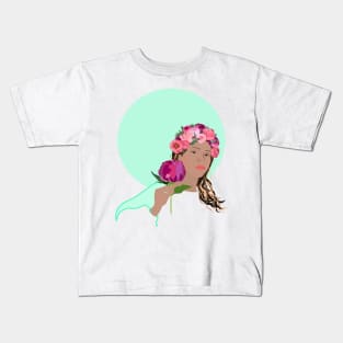 Girl in flower crown on mint background Kids T-Shirt